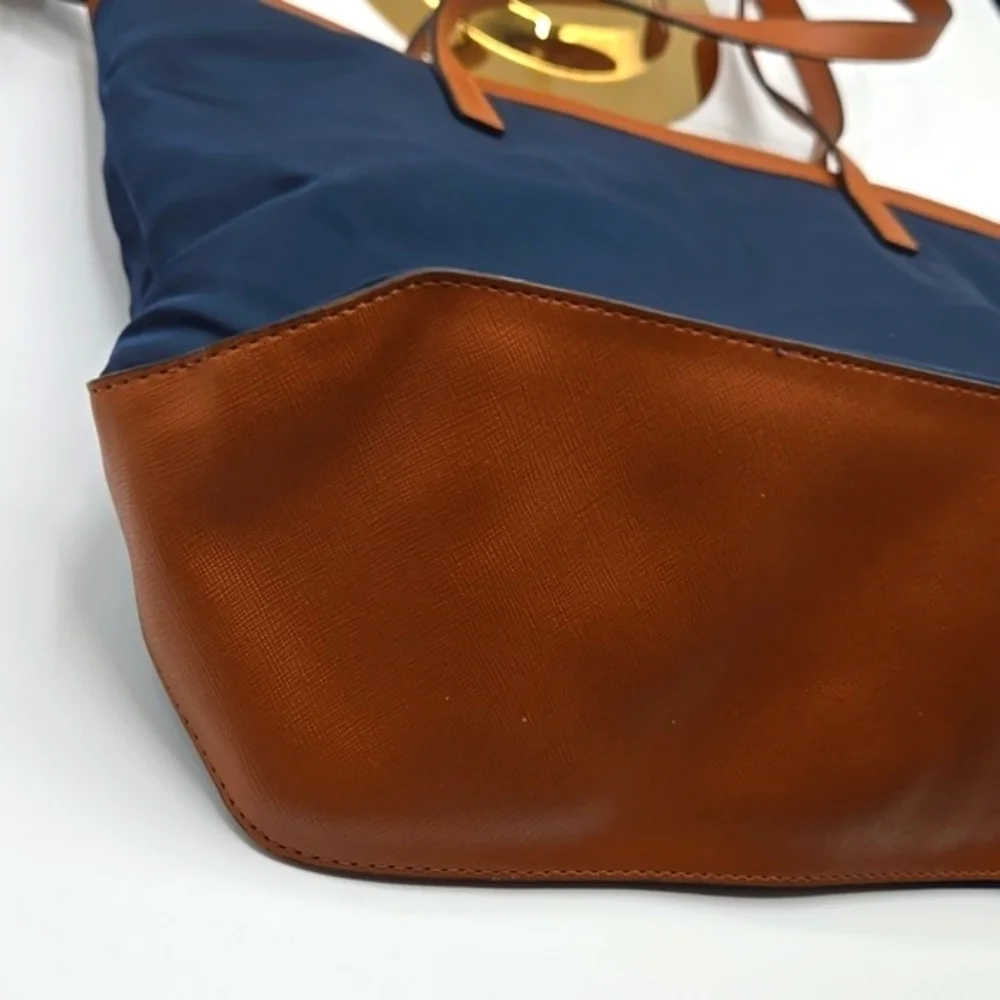 MICHAEL KORS Medium Nylon Tote Navy w/ Cognac Straps Gold MK 🔐 - Picture 10 of 11